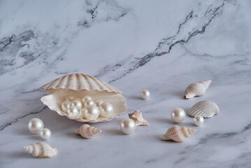 Obraz na płótnie Canvas pearls in a shell on a marble background