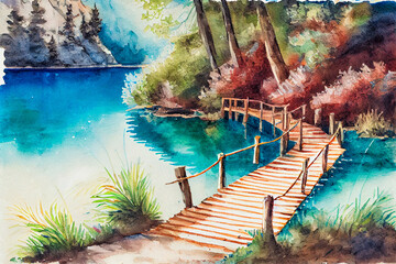Obraz premium Watercolor drawing of Beautiful view of lake with Wooden boardwalk bridge, Autumn, National park Plitvice Lakes, Croatia, Generative AI illustration