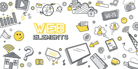 Web elements concept for banner design with flat line doodle pattern. Hand drawing texture with buttons, symbols, search, user menu, arrows, interface and site navigation. Illustration for web