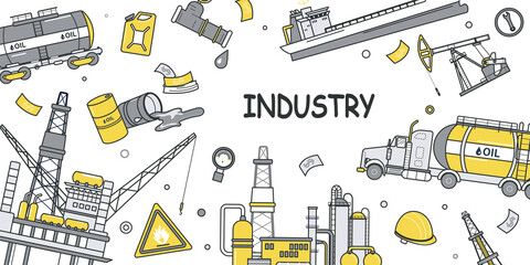 Industry concept for banner design with flat line doodle pattern. Hand drawing texture with plant, oil tanker, gasoline canister, factory and manufacturing equipment. Illustration for web