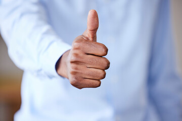 Closeup, like or thumb up for motivation, achievement or support sign. Hand emoji for yes, agreement or icon for winner, thank you or goal with praise review, finger feedback or good news for victory