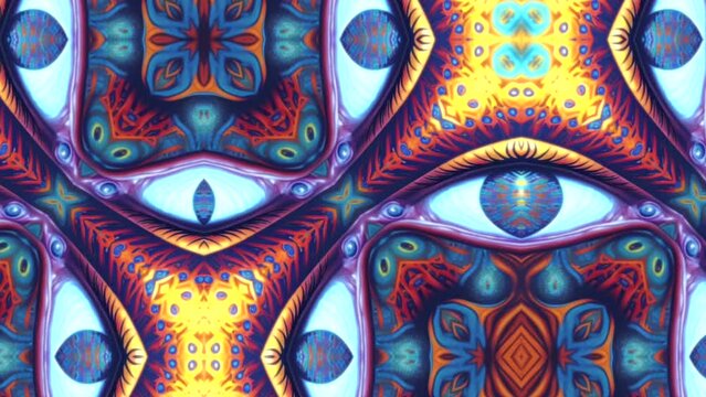 A seamless psychedelic background with a third eye entity. Psychedelics consciousness concept