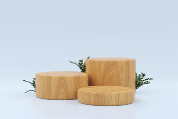 Abstract minimal scene with geometric forms. wood podium in blue background with plants.3d render