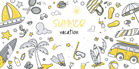 Summer vacation concept for banner design with flat line doodle pattern. Hand drawing texture with car, surfing, towel, umbrella, palm, slippers, cocktail and diving mask. Illustration for web