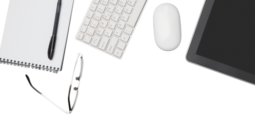 Office workplace with wooden table and office supplies tablet