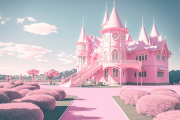pink castle in spring,princess castle in the park,fairy tale castle - obrazy, fototapety, plakaty
