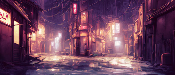 This painting depicts a dark, atmospheric street. The street is lit by a few dim streetlights, casting shadows and creating a sense of mystery. Generative AI