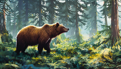 Obraz na płótnie Canvas Painting of a cute bear in the forest, Generative AI