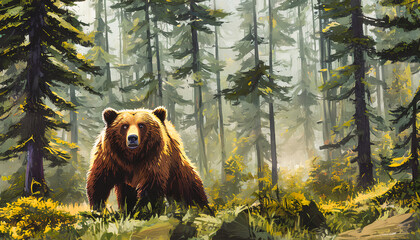 Painting of a cute bear in the forest, Generative AI