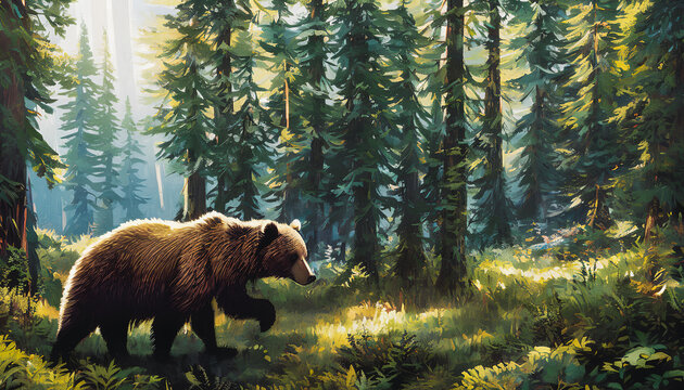 Painting of a cute bear in the forest, Generative AI