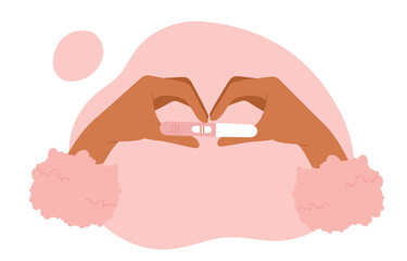 Female hands forming heart shape and holding a pregnancy test with a positive result. Pregnancy and waiting for the birth of a child. Vector illustration in cartoon style. Isolated white background