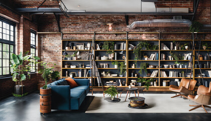 Library located in a loft space. The high ceilings and industrial-style architecture give the space a modern, trendy vibe. The library is filled with shelves upon shelves of books, Generative AI