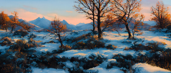 Fototapeta na wymiar Painting of a beautiful wilderness mountain landscape, Generative AI