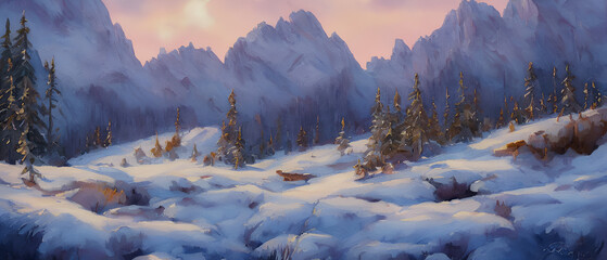 Painting of a beautiful wilderness mountain landscape, Generative AI