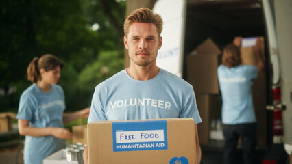 Portrait of a Happy Young Male Volunteer. Handsome Caucasian Man in Blue T-Shirt Smiling, Reaching...