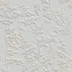 Textured 3d leafy seamless pattern. White tropical embossed vector background. Repeat surface floral backdrop. Branches and leaves 3d emboss ornaments. Endless grunge texture with embossing effect - obrazy, fototapety, plakaty