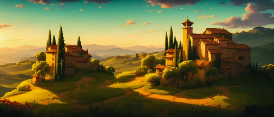 Fototapete Rund Beauty of a vineyard in Tuscany. Rolling hills covered in lush green grapevines stretch out as far as the eye can see, with the warm sunlight. Generative AI © 4K_Heaven
