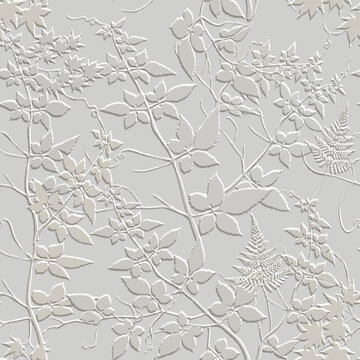 Textured 3d leafy seamless pattern. White tropical embossed vector background. Repeat surface floral backdrop. Branches and leaves 3d emboss ornaments. Endless grunge texture with embossing effect