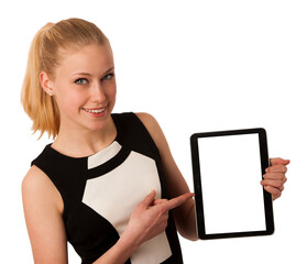 Beautiful young caucasian business woman with blond hair working on tablet PNG - 555386963