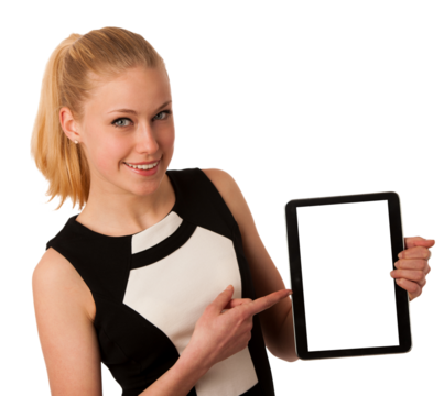 Beautiful young caucasian business woman with blond hair working on tablet PNG