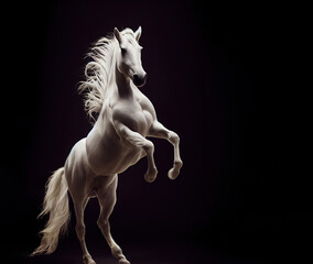 Obraz na płótnie Canvas Standing and rearing silver white horse in studio interior dramatic lighting isolated on black with copy space area