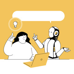 Vector illustration of a woman talking to a robot to get ideas.