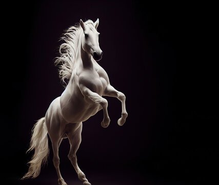 Standing and rearing silver white horse in studio interior dramatic lighting isolated on black with copy space area