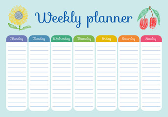 Weekly planner. Vector hand drawn design.  Pencil drawing. Sunflower and cherry. Monday, Tuesday, Wednesday, Thursday, Friday, Saterday and Sunday