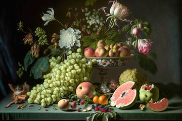 still life with fruits and vegetables,still life with fruits and berries,still life with fruits
