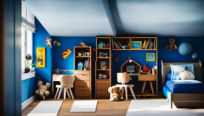 This painting depicts a bedroom for a young boy. The room is filled with toys, books, and other child-friendly elements. Generative AI