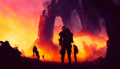 Fototapeta premium An astronaut exploring a new world on a distant planet, depicted in vivid colors and a sense of adventure and discovery. Generative AI