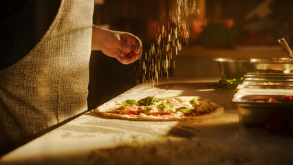 In Restaurant Professional Chef Preparing Pizza, Kneading Dough, Spinning and Tossing it,...