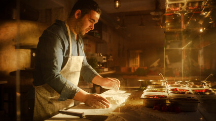 In Restaurant Professional Chef Preparing Pizza, Kneading Dough, Spinning, Tossing it, Traditional Family Recipe. Authentic Pizzeria, Cooking Delicious Food. Cinematic Low Angle Shot