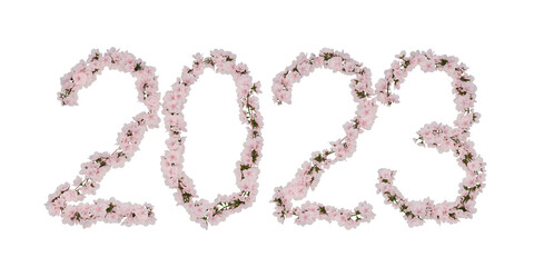 New Year 2023. Year 2023 numbers decorated with cherry blossoms flowers isolated against a transparent background. 
