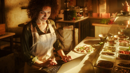 In Restaurant: Beautiful Female Chef Using Digital Tablet. Authentic Pizzeria Cooking Delicious Organic Eco Food. Bi-racial Female Entrepreneur Working in Her Small Business Family Shop