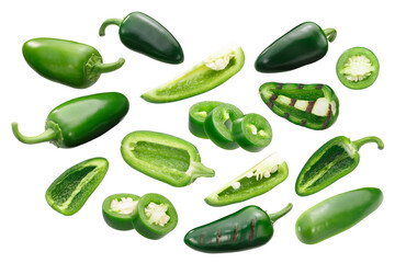 Jalapeno chile peppers (Capsicum annuum fruits), whole, sliced and chopped, grilled, rings and quarters isolated png