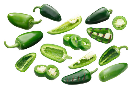 Jalapeno Chile Peppers (Capsicum Annuum Fruits), Whole, Sliced And Chopped, Grilled, Rings And Quarters Isolated Png