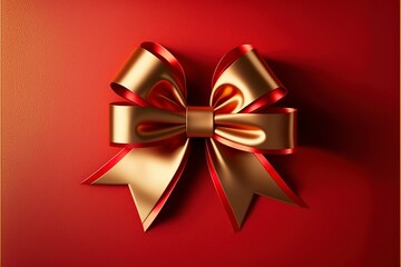 golden shiny ribbon bow tape on red background, AI art