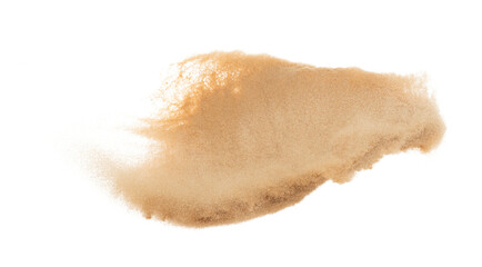 Small size fine Sand flying explosion, Golden grain wave explode. Abstract cloud fly. Yellow colored sand splash silica in Air. White background Isolated high speed shutter, throwing freeze shot