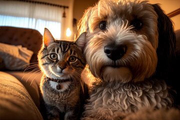 cat and Cockapoo dog sitting side by side in front of camera. standing on a couch, looking into the camera with curiosity, with their faces just inches apart, as if they are about to take a selfie