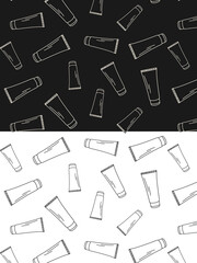doodle pattern with a tube of cream, background with doodle icons of manicure supplies. poster, banner with black and white background2