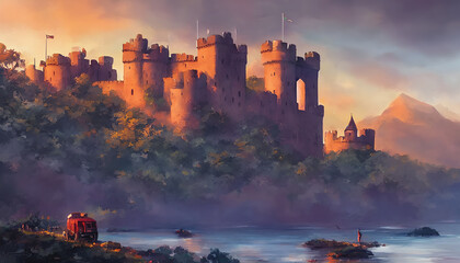Fototapeta premium Painting of a medieval castle nestled in the midst of rolling hills and verdant forests, bathed in the soft, golden light of the setting sun. Generative AI