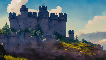 Fototapeta premium Painting of a medieval castle nestled in the midst of rolling hills and verdant forests, bathed in the soft, golden light of the setting sun. Generative AI