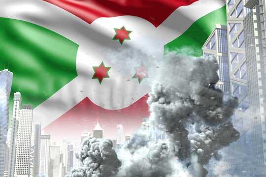 big smoke pillar in abstract city - concept of industrial explosion or terroristic act on Burundi flag background, industrial 3D illustration