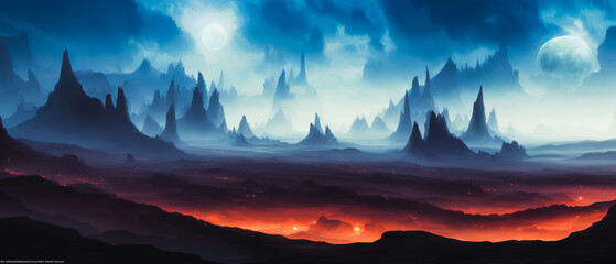 Panoramic view of the sci-fi landscape, Mountain landscape. Generative AI - obrazy, fototapety, plakaty