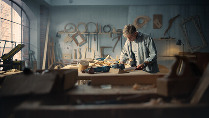 Woodworker Putting on Glasses, Checking the Layout Manual of a Stylish Handmade Wooden Chair. Talented Furniture Designer Working in a Workshop in a Creative Loft Space with Tools and Equipment.