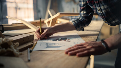 Portrait of a Young Carpenter Looking at a Blueprint and Starting to Assemble a Wooden Chair....
