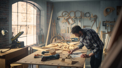 Portrait of a Furniture Designer Reading Blueprint and Assembling Legs of a Wooden Chair with Electric Screwdriver. Stylish Carpenter Working in Studio in Loft Space with Tools on the Walls.