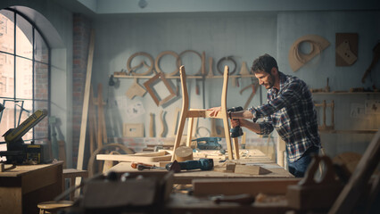 Fototapeta na wymiar Young Carpenter Reading Blueprints and Starting to Assemble Parts of a Wooden Chair with a Rubber Hammer. Stylish Furniture Designer Working in a Studio in Loft Space with Tools on the Walls.