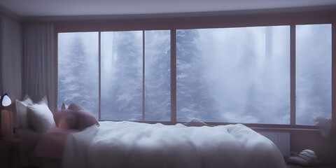 Bedroom Window Front in Snowy Winter Forest